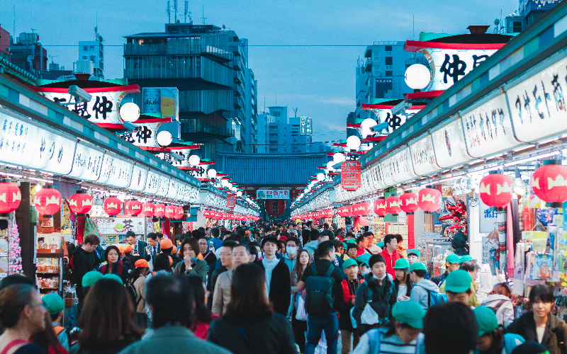 Nakamise Street with souvenir shops in Asakusa, Tokyo, Japan